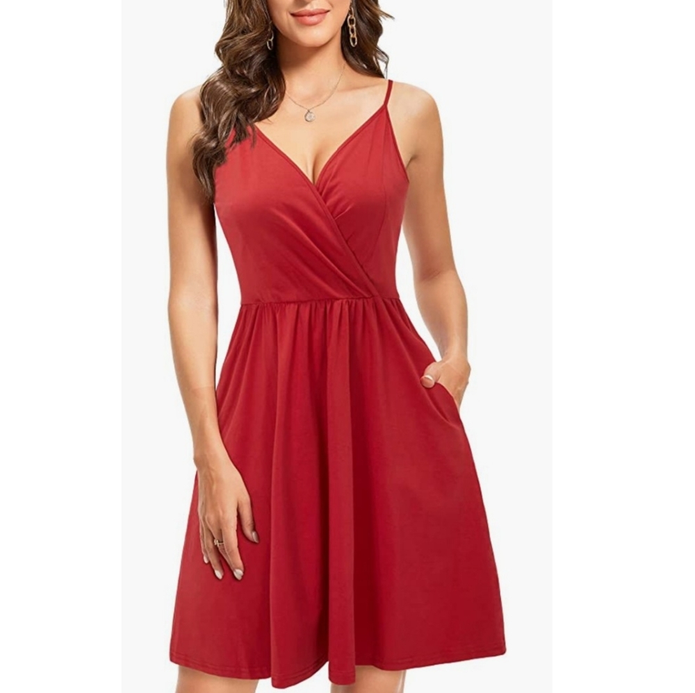 V Neck Casual Red Swing Dress